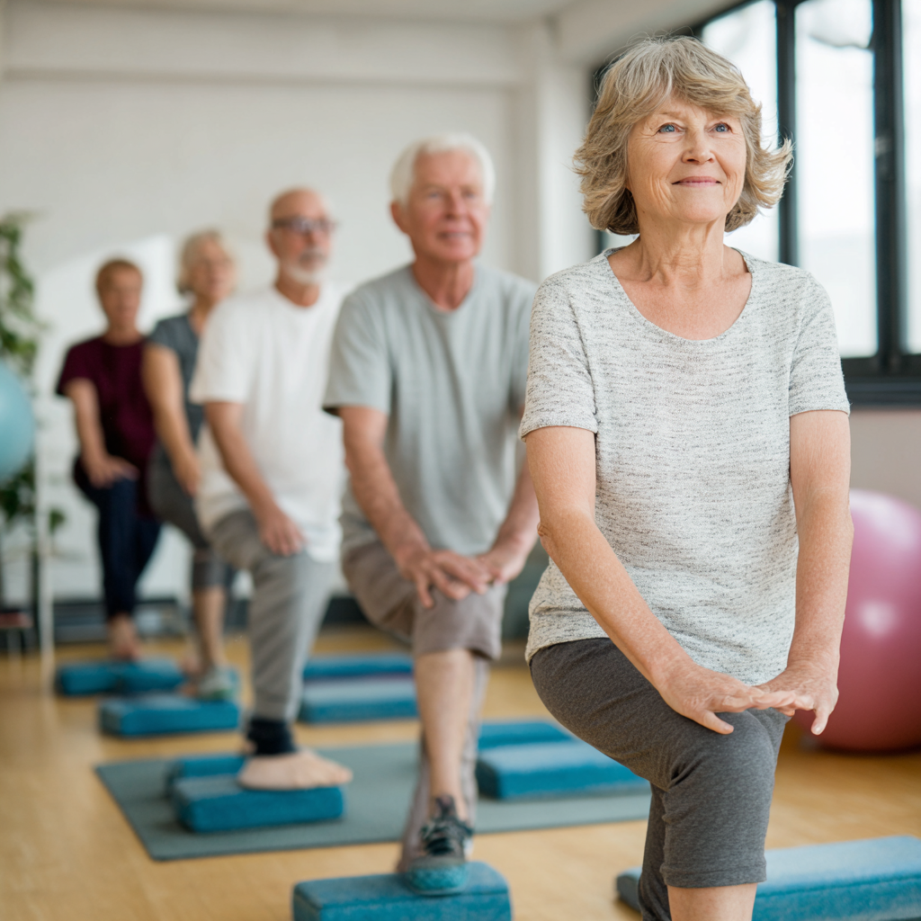 Older adults practicing balance and stability exercises in a supportive group environment